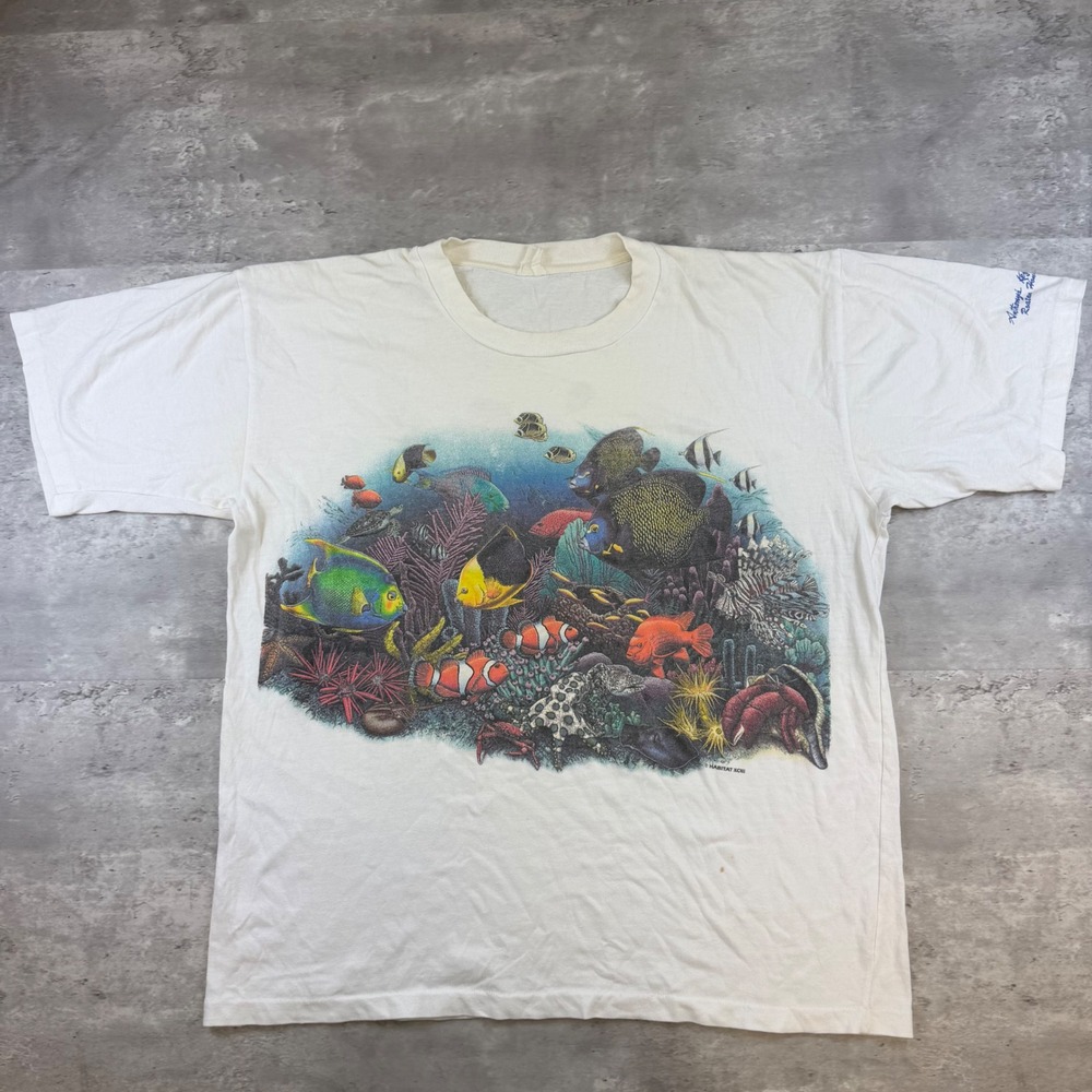 Vintage Habitat XCIII 1993 Marine Life Tropical Fish Graphic T-Shirt Cream XL